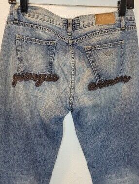 Vintage Armani Jeans Distressed Spellout Script Back Pocket Hemp Denim Sz 28 Y2K